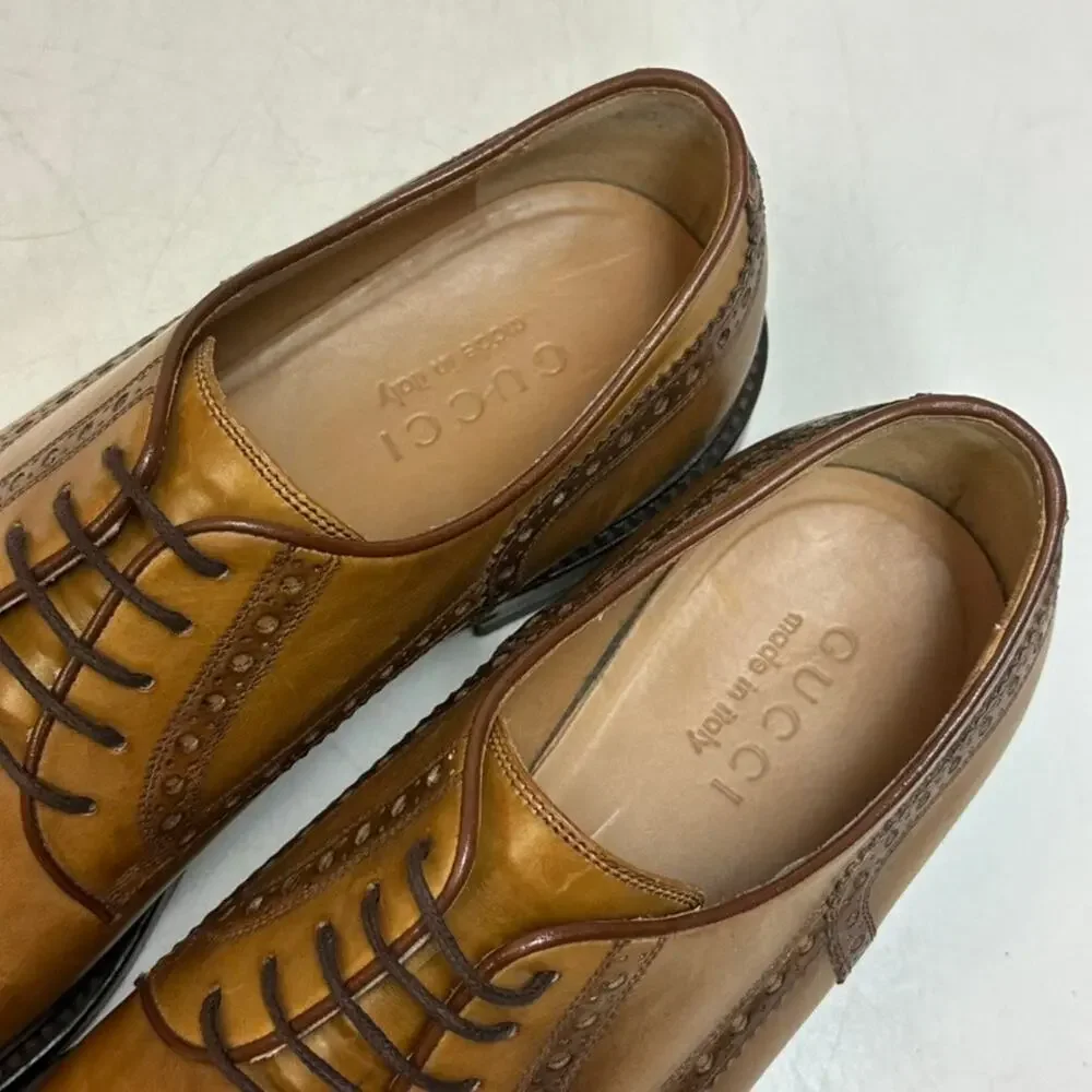 VGUC Gucci Cap Toe Derby Brogue Burnished Tan Calf Cognac Made in Italy US 9 D